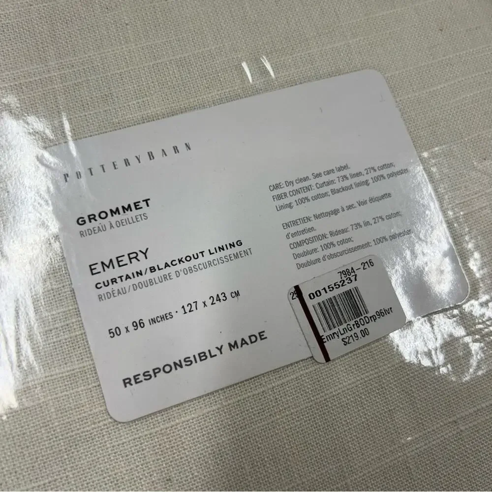 Pottery Barn Emery Linen Grommet Blackout Curtain Ivory Window Panel 50 x 96 NWT